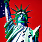Statue of Liberty in high-contrast with red background and American flag detail