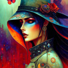 Colorful woman with face paint, hat, and jewelry in futuristic cityscape
