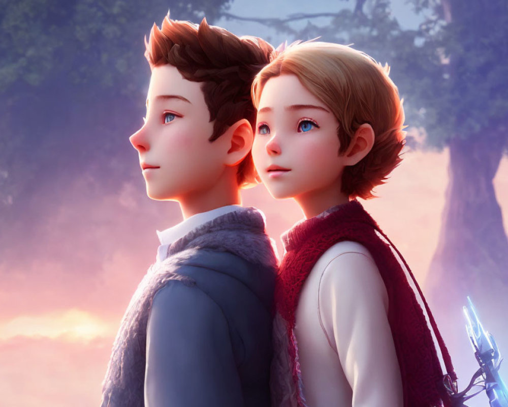 Animated boy and girl characters under soft warm light with detailed expressions.