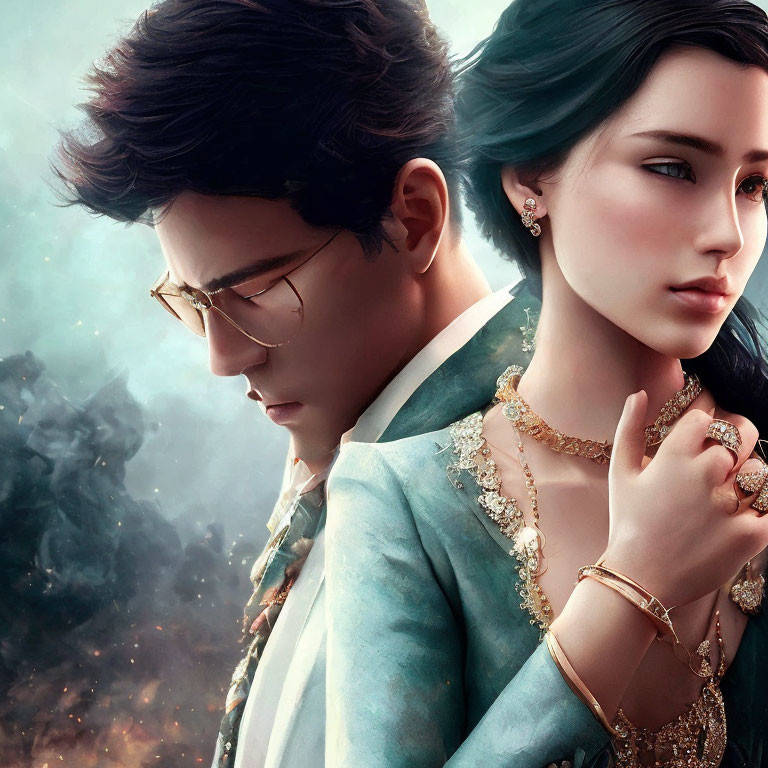 Luxuriously dressed man and woman in stylized portrait with ethereal backdrop.