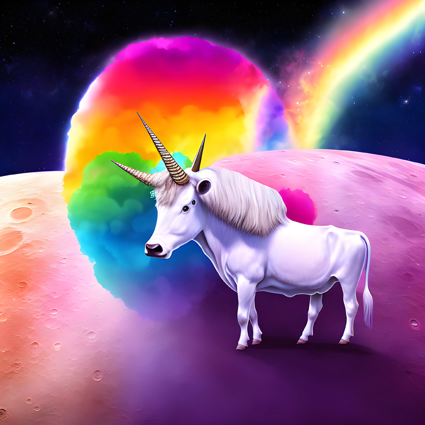 Majestic unicorn on fantasy planet with rainbow nebula