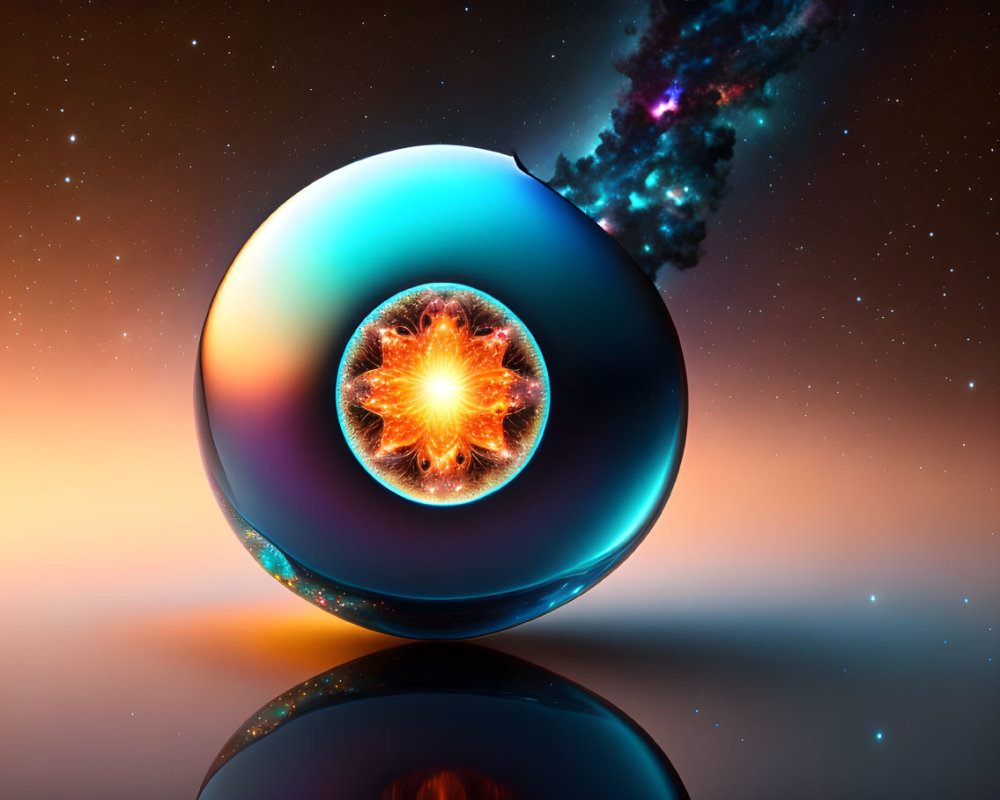 Iridescent spherical object with fiery core in space setting