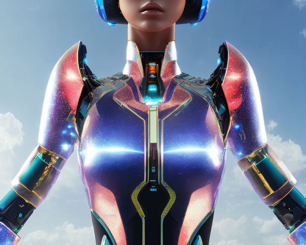 Female android in cosmic armor with blue eyes and futuristic headphones on cloudy sky.