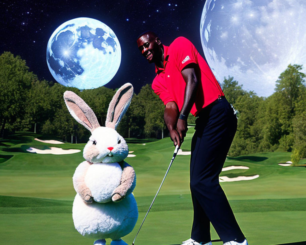 Man playing golf with large stuffed rabbit under two moons