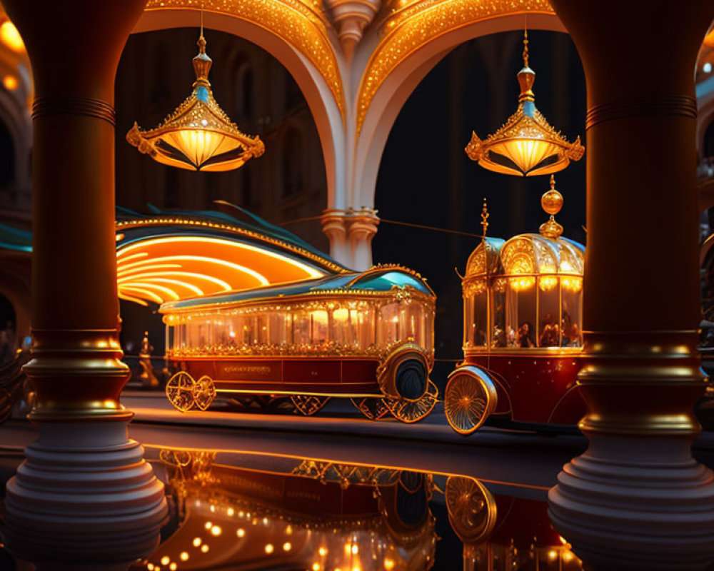 Opulent Hall with Vintage Carriages, Glossy Floor, Lit Arches
