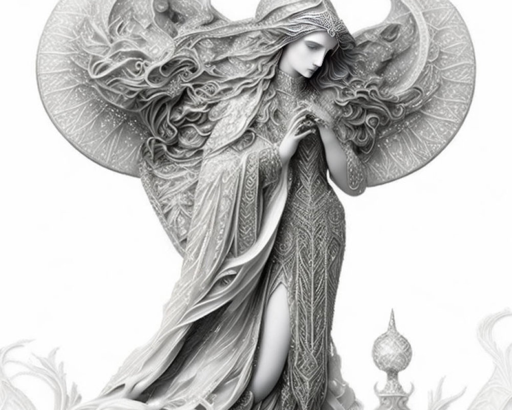 Monochromatic fantasy illustration of ethereal woman with ornate wings