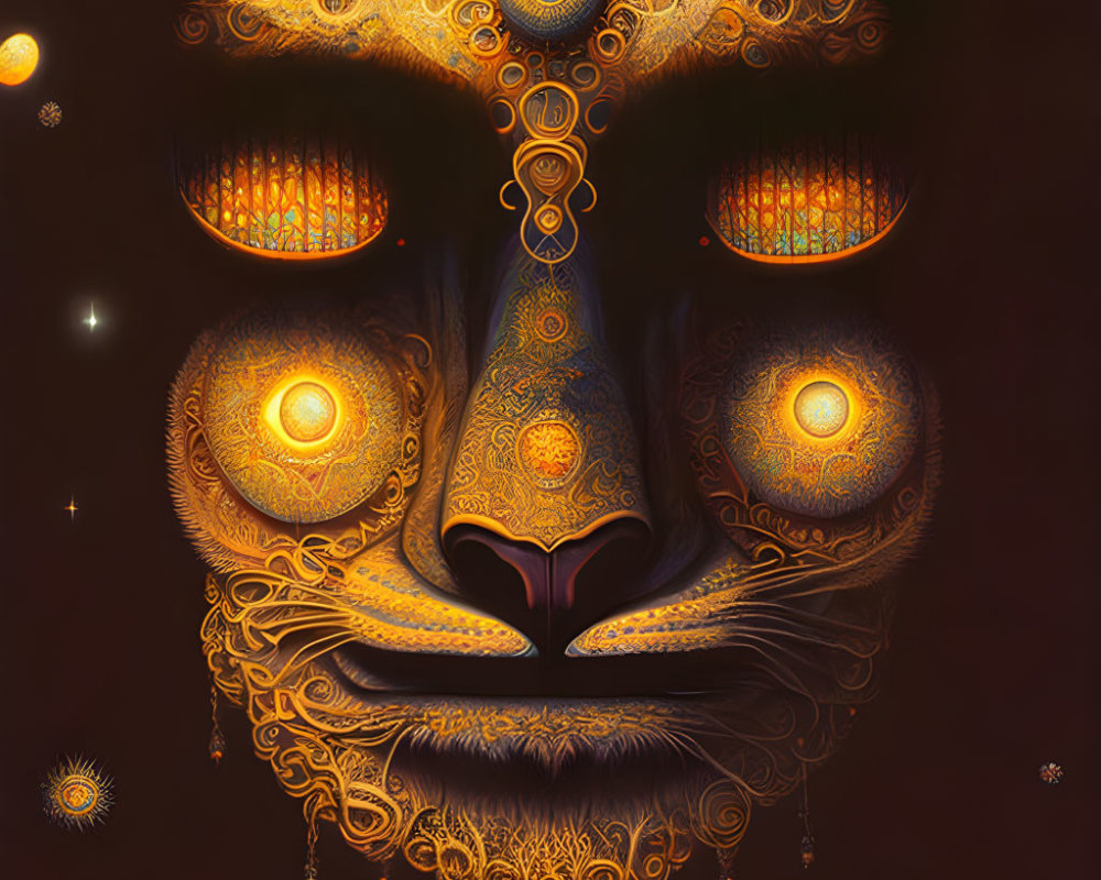 Symmetrical Tiger Face Design with Glowing Eyes on Dark Background