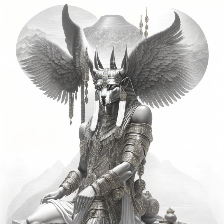 Egyptian deity depicted with human body and Anubis head in ornate armor, wings, sitting