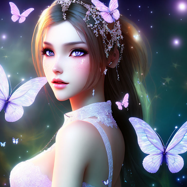 Animated female character with large purple eyes and floral headpiece, surrounded by glowing butterflies in a magical setting