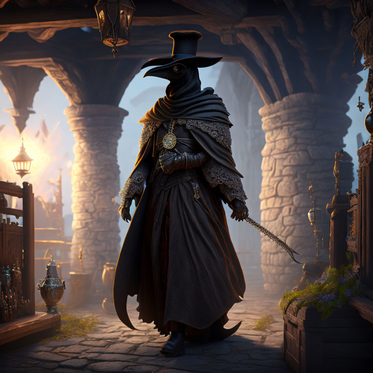 Mysterious figure in plague doctor costume in old alleyway at dawn or dusk
