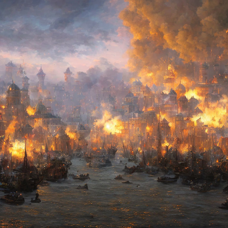 Cityscape engulfed in flames with billowing smoke and crowded boats