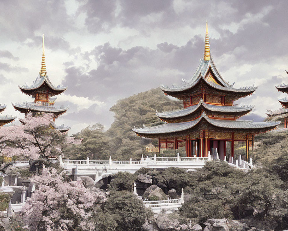 Asian Landscape: Pagodas, Arched Bridge, Cherry Blossoms
