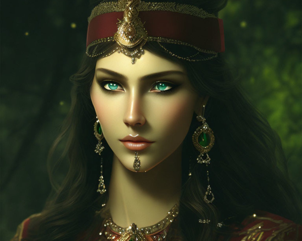 Portrait of woman with green eyes in decorative headdress and jewelry against dark forest backdrop