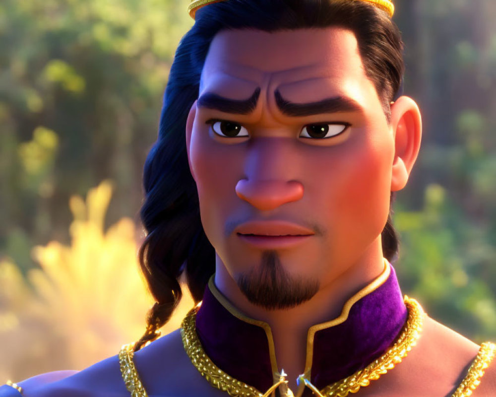 Animated male character with crown in serious expression under sunlit backdrop