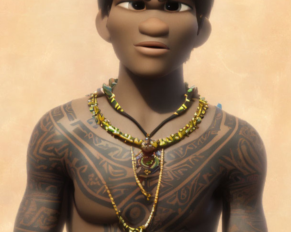 Young man with tribal tattoos and necklace against warm backdrop