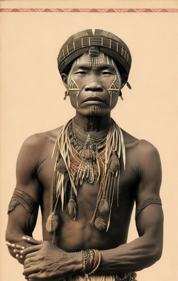 Man in Traditional Tribal Attire with Face Paint