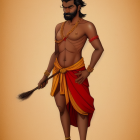 Muscular man in Indian warrior attire with sword & crown