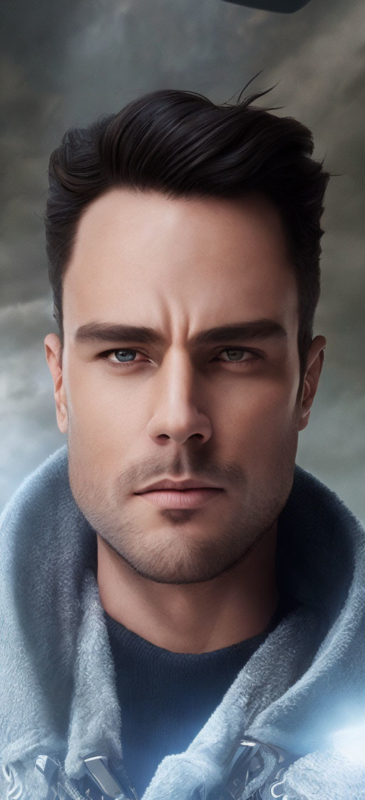 Digitally enhanced portrait of man with fur-trimmed jacket under stormy sky