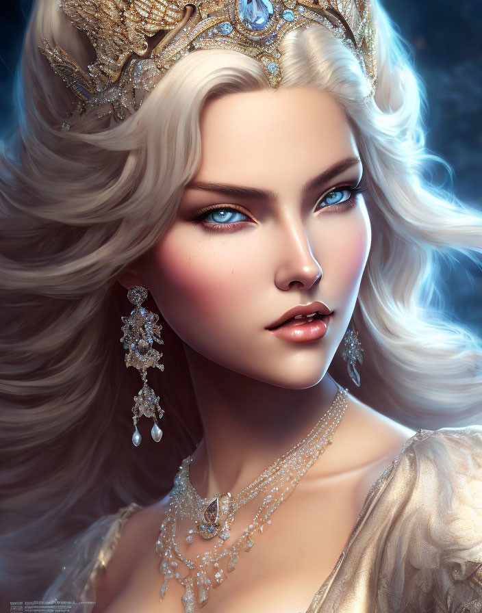 Digital portrait of woman with blue eyes, white hair, golden crown, and gemstone.