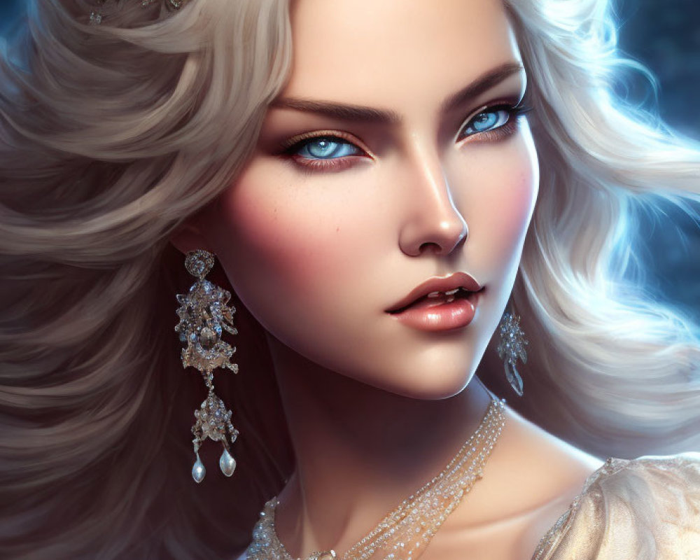 Digital portrait of woman with blue eyes, white hair, golden crown, and gemstone.
