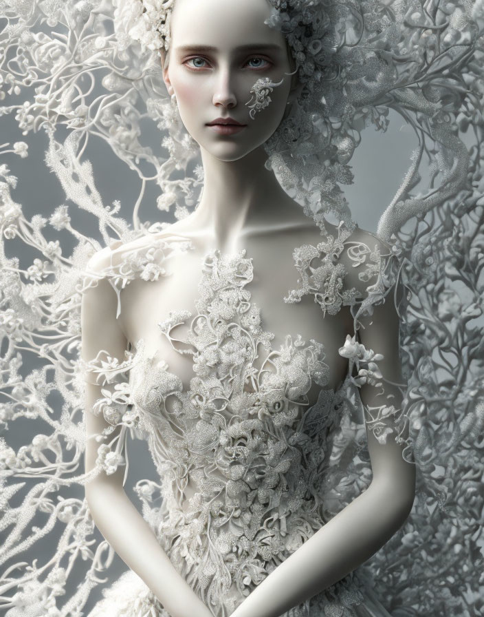 Pale woman with blue eyes in intricate lace gown amidst lace-like patterns