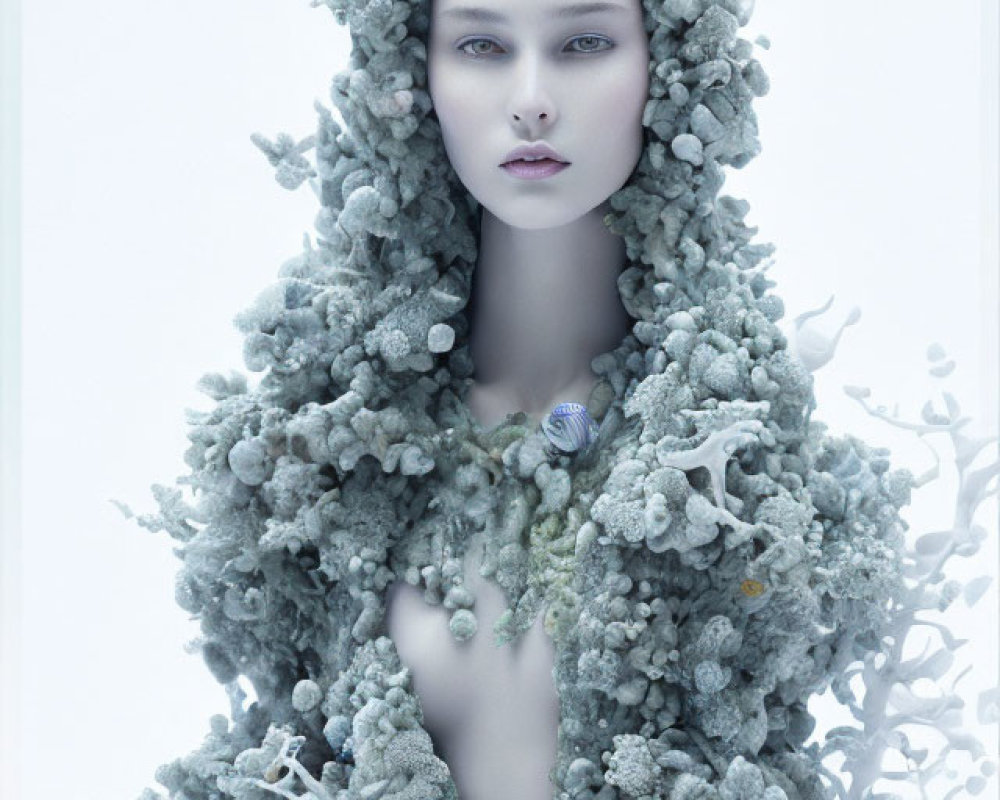 Pale woman with coral-like cloak on ethereal backdrop