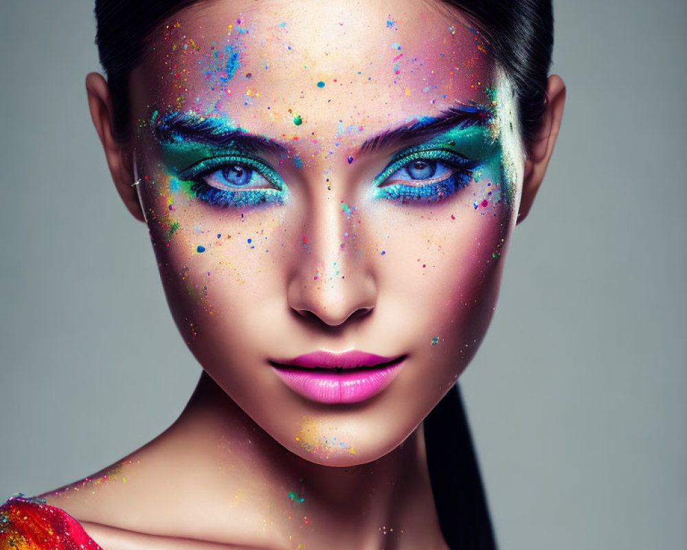 Colorful Makeup Art on Woman with Blue Eyes and Magenta Lips