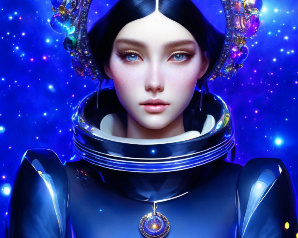 Futuristic digital artwork of pale-skinned woman in space attire