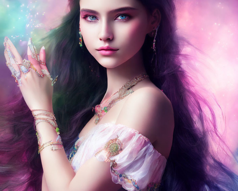 Woman with Long Purple Hair and Blue Eyes in Elaborate Jewelry Against Colorful Nebula Backdrop