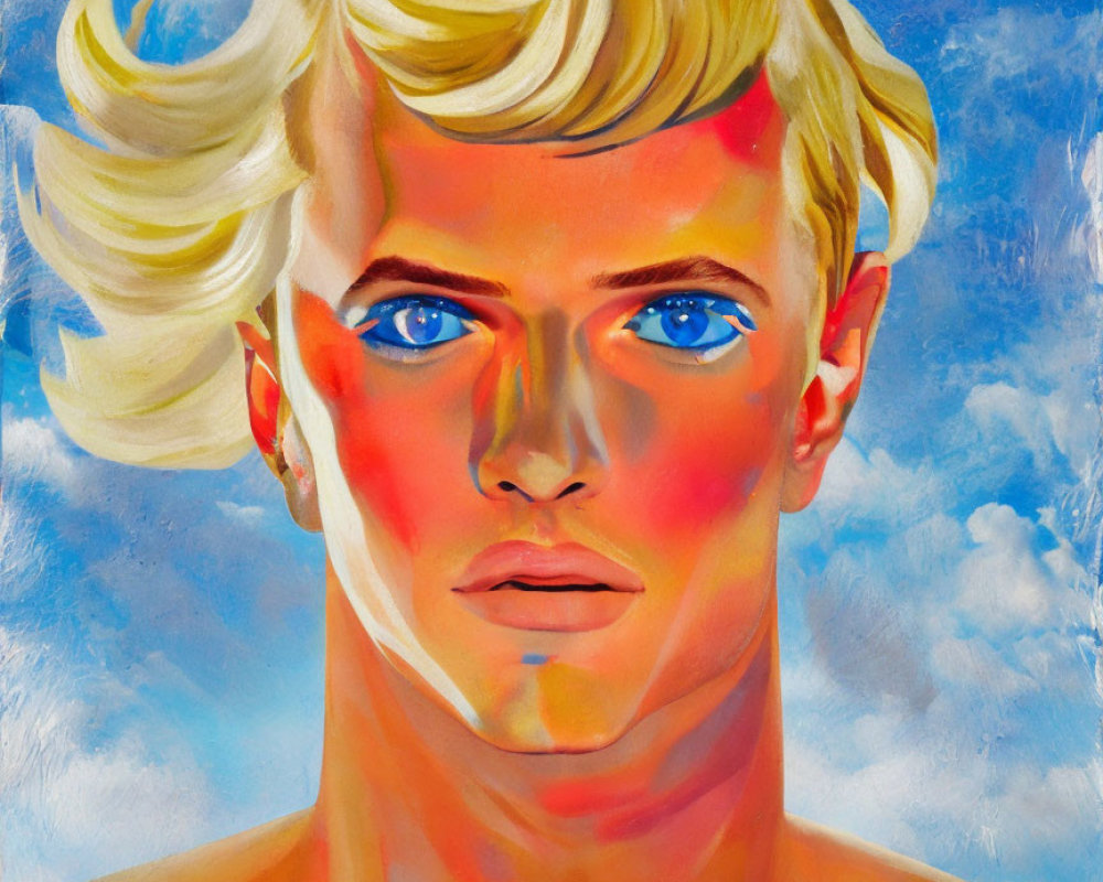 Portrait of person with blue eyes, blond hair, red cheeks against blue sky.