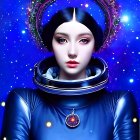 Futuristic digital artwork of pale-skinned woman in space attire