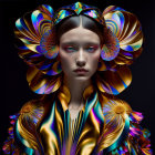 Colorful Ornate Floral Headdress and Garment Illustration on Dark Background