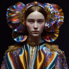 Futuristic digital artwork of female figure in gold and blue attire