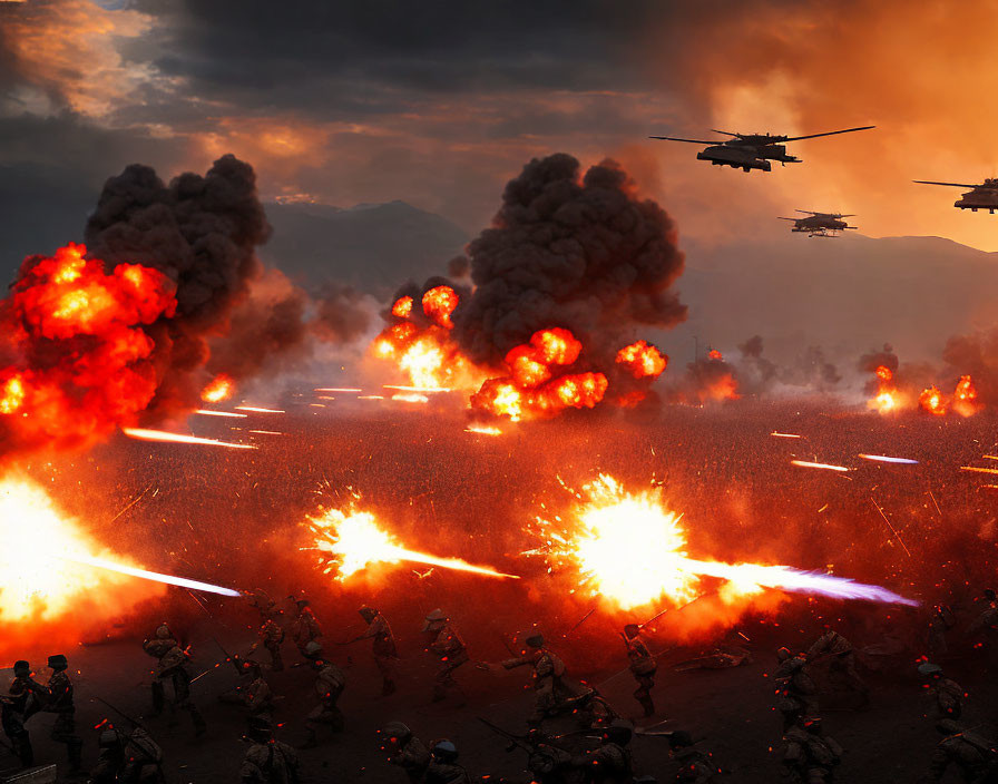 Military battle scene with soldiers, explosions, helicopters, gunfire, and missiles.
