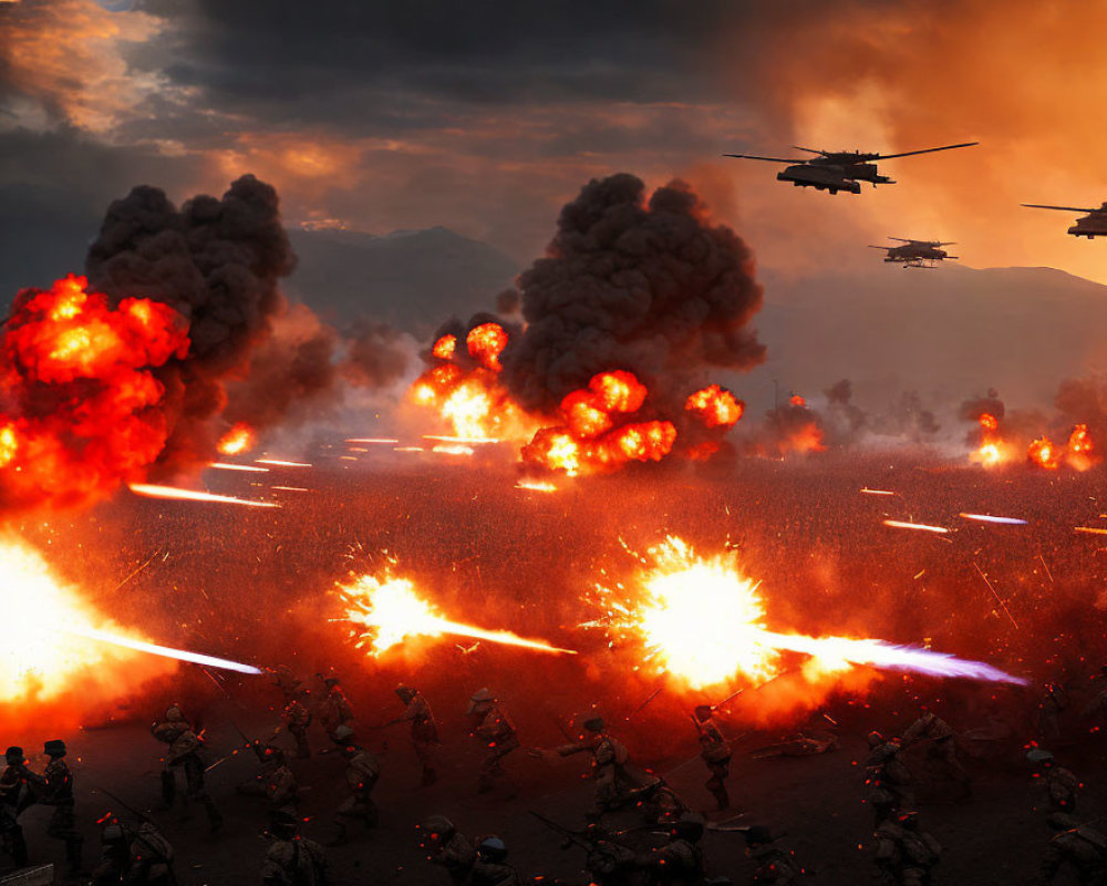 Military battle scene with soldiers, explosions, helicopters, gunfire, and missiles.