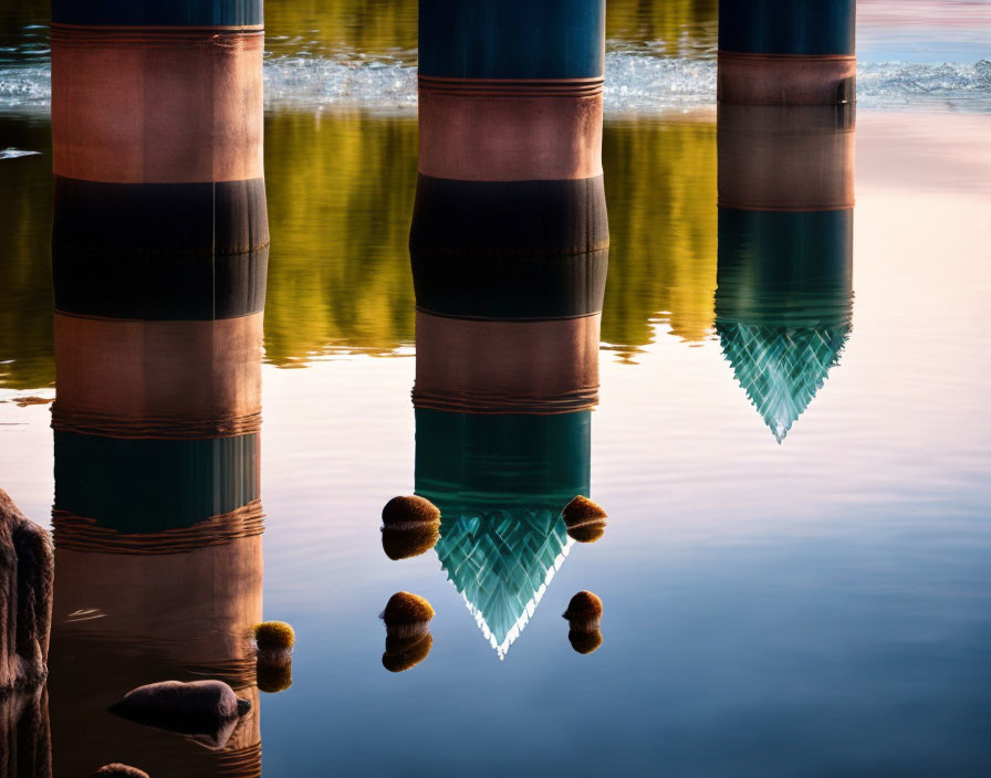 Reflective Blue and White Bridge Pillars Mirrored in Calm Water at Golden Hour