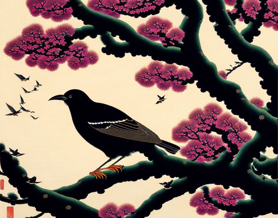 Stylized black bird on branch with pink flowers and flying birds on cream background