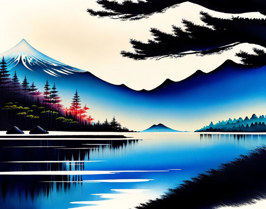 Snow-capped mountain and serene lake landscape with evergreen trees