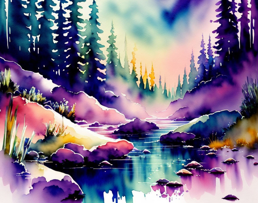 Colorful Watercolor Painting of Serene River Landscape
