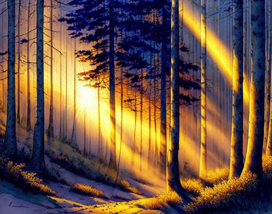 Sunrise Forest Scene with Sunbeams and Snow-covered Ground