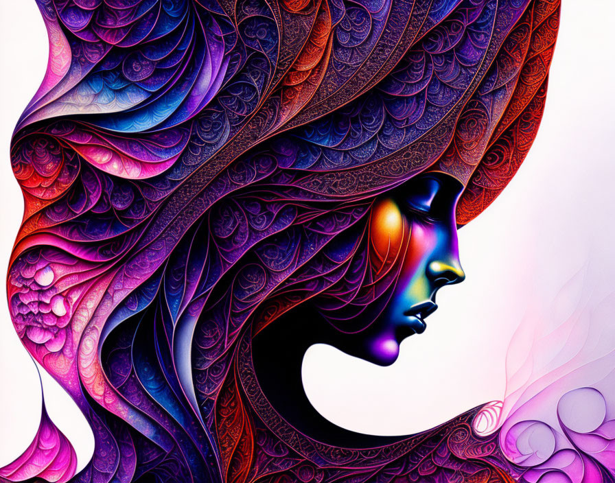 Colorful profile digital artwork with intricate patterns in blues, purples, and pinks.