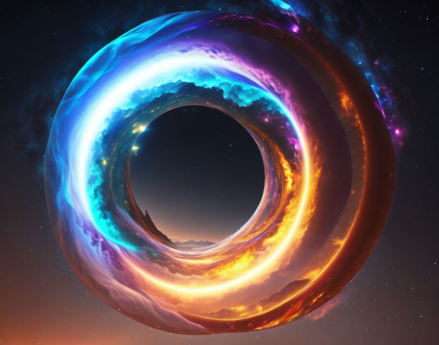 Colorful cosmic swirl against starry sky: blues, purples, oranges - ethereal portal