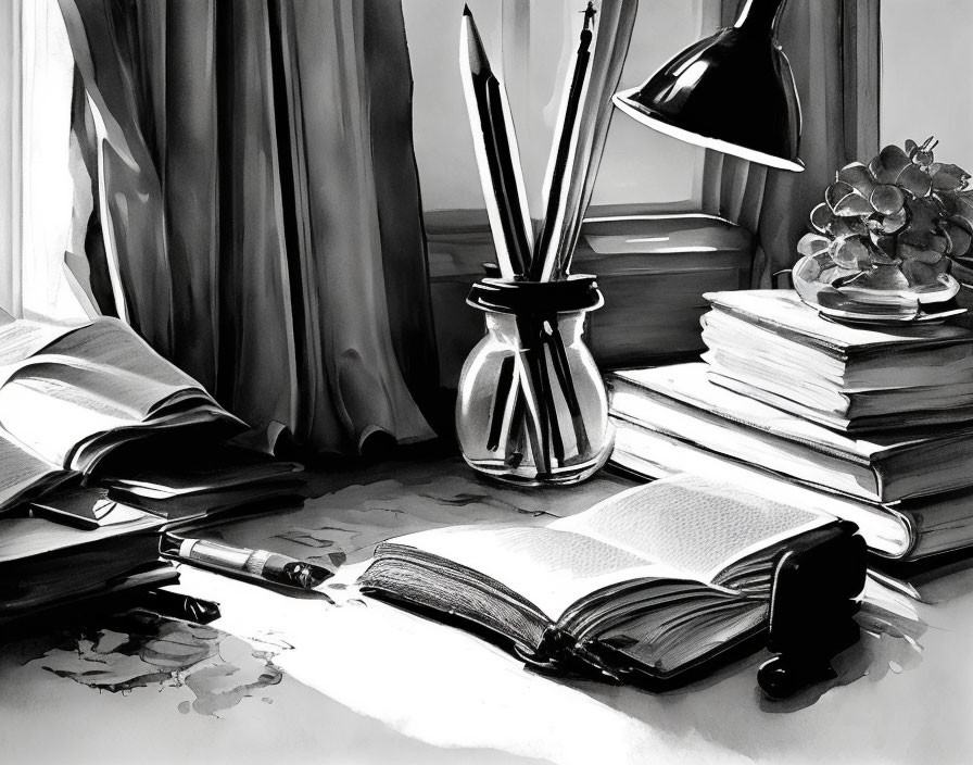 Monochrome still life with books, pen, brushes, and grapes on table