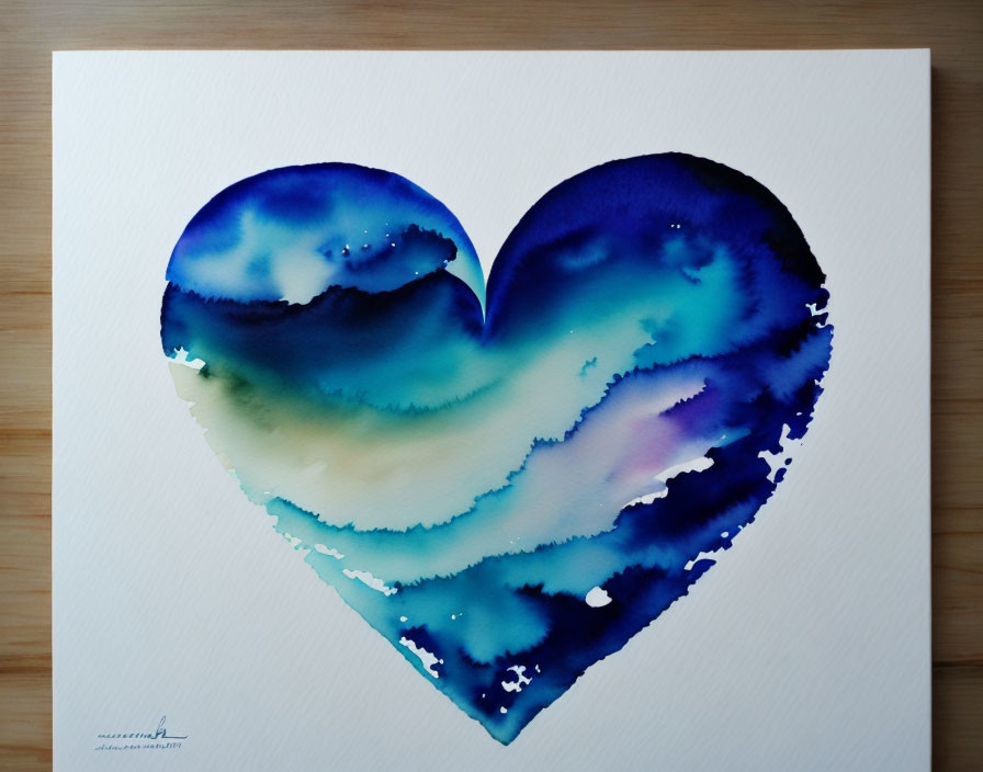 Heart Watercolor Painting with Blue and Green Gradients on White Background