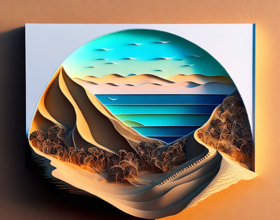 Layered Landscape Paper Art: 3D Sea, Sky, and Sand Dunes