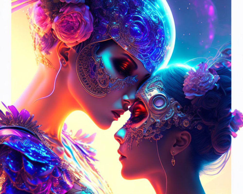 Ornately adorned women in floral masks against cosmic backdrop