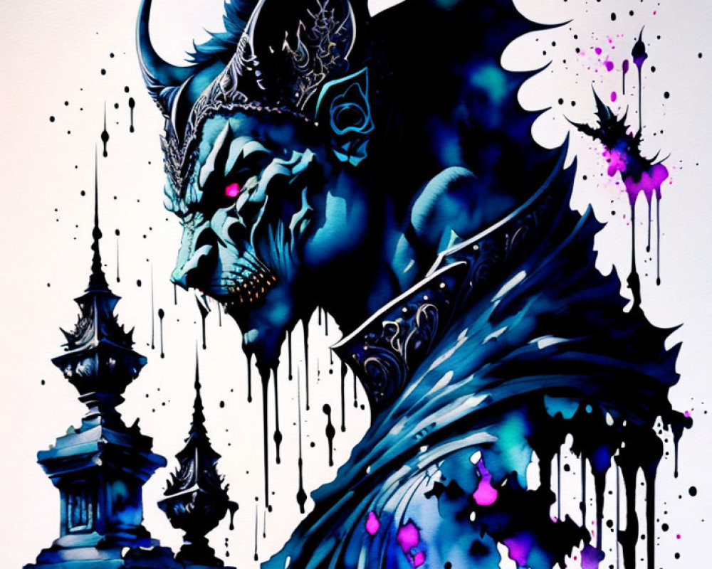 Colorful horned figure with ink splatter effects in blue and purple.