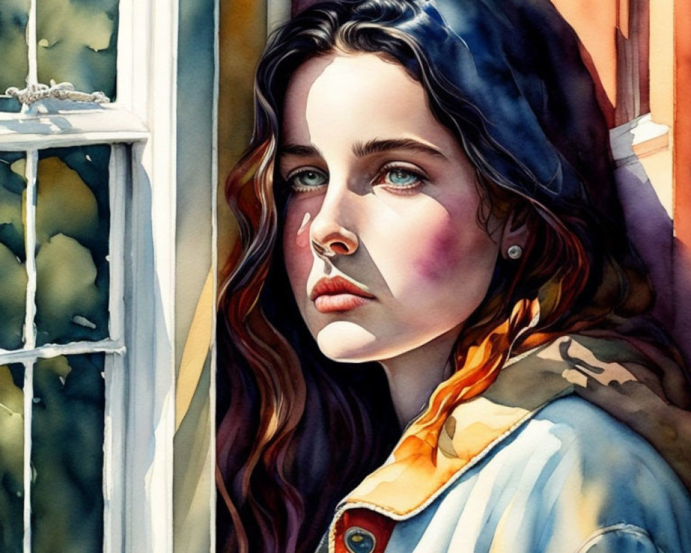 Watercolor portrait of woman gazing out window with sunlight and colorful jacket.