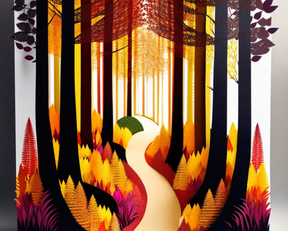 Colorful Paper-Cut Forest Artwork with Autumnal Theme