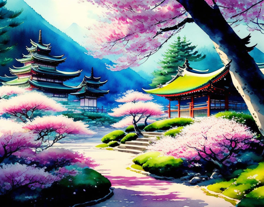 Asian landscape painting with cherry blossoms, pagodas, and mountains